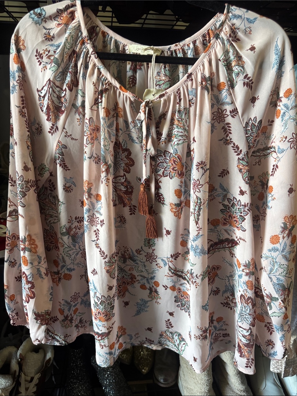Mystree Cream Floral Peasant Tunic with Tassel Detail